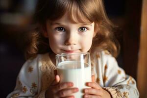 un cerca - arriba Disparo de un pequeño, adorable niña participación un vaso de Leche con ambos manos, su labios conmovedor el borde como ella toma un sorbo. generativo ai foto