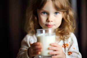 un cerca - arriba Disparo de un pequeño, adorable niña participación un vaso de Leche con ambos manos, su labios conmovedor el borde como ella toma un sorbo. generativo ai foto