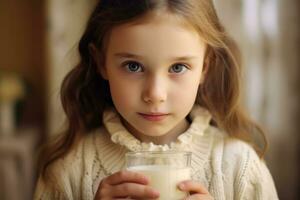 un cerca - arriba Disparo de un pequeño, adorable niña participación un vaso de Leche con ambos manos, su labios conmovedor el borde como ella toma un sorbo. generativo ai foto