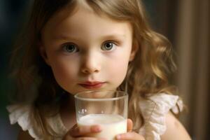 un cerca - arriba Disparo de un pequeño, adorable niña participación un vaso de Leche con ambos manos, su labios conmovedor el borde como ella toma un sorbo. generativo ai foto