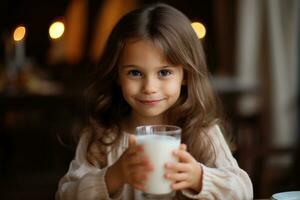 un cerca - arriba Disparo de un pequeño, adorable niña participación un vaso de Leche con ambos manos, su labios conmovedor el borde como ella toma un sorbo. generativo ai foto