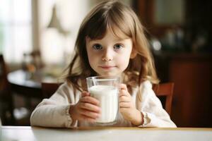 un cerca - arriba Disparo de un pequeño, adorable niña participación un vaso de Leche con ambos manos, su labios conmovedor el borde como ella toma un sorbo. generativo ai foto