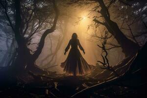 Halloween - themed photo, the mystique of a witch under the moonlight. Generative AI photo