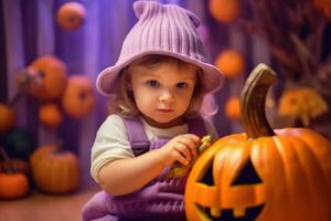 A small child poses with a pumpkin. Generative AI photo