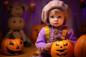 A small child poses with a pumpkin. Generative AI photo