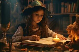 A child in a witch costume opening a magic book. Generative AI photo