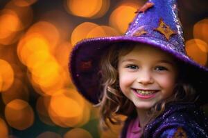 un alegre y caprichoso Víspera de Todos los Santos - temática retrato de un pequeño niña vestido como un simpático bruja. generativo ai foto