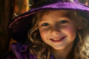 A joyful and whimsical Halloween - themed portrait of a little girl dressed as a friendly witch. Generative AI photo