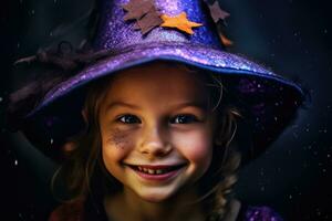 A joyful and whimsical Halloween - themed portrait of a little girl dressed as a friendly witch. Generative AI photo