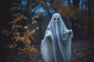 un niño en un fantasma disfraz debajo el luz de la luna. generativo ai foto