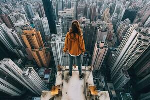 The female model reflects her adventurous spirit on top of the skyscraper against the bustling cityscape. Generative AI photo