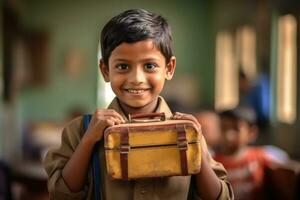 A candid, eye - level shot of a young student eagerly showing off his new lunchbox. Generative AI photo