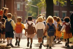 An environmental shot capturing the bustling energy of a schoolyard. Students of varying age ranges, excitedly mingling before school starts. Generative AI photo