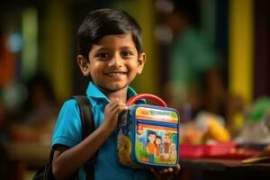 A candid, eye - level shot of a young student eagerly showing off his new lunchbox. Generative AI photo