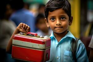 A candid, eye - level shot of a young student eagerly showing off his new lunchbox. Generative AI photo