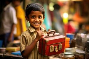 A candid, eye - level shot of a young student eagerly showing off his new lunchbox. Generative AI photo