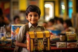 A candid, eye - level shot of a young student eagerly showing off his new lunchbox. Generative AI photo