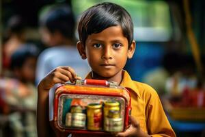 A candid, eye - level shot of a young student eagerly showing off his new lunchbox. Generative AI photo