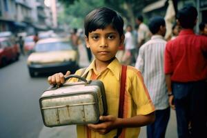 A candid, eye - level shot of a young student eagerly showing off his new lunchbox. Generative AI photo