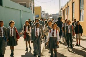 An environmental shot capturing the bustling energy of a schoolyard. Students of varying age ranges, excitedly mingling before school starts. Generative AI photo