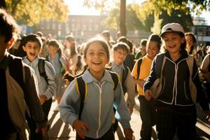 An environmental shot capturing the bustling energy of a schoolyard. Students of varying age ranges, excitedly mingling before school starts. Generative AI photo