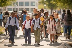 An environmental shot capturing the bustling energy of a schoolyard. Students of varying age ranges, excitedly mingling before school starts. Generative AI photo