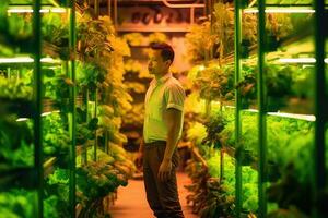 An expressive, contemporary take on hydroponic farming. A farmer amidst rows of vibrant greenery under artificial lights. Generative AI photo