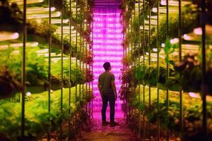 An expressive, contemporary take on hydroponic farming. A farmer amidst rows of vibrant greenery under artificial lights. Generative AI photo