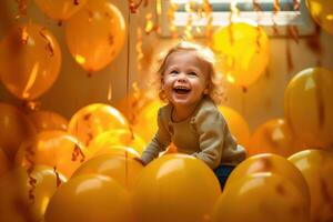 A little girl plays with Halloween themed balloons in a room with a soft pastel yellow background. Generative AI photo