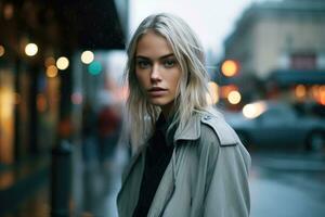 Dynamic urban street style photo. The female model's effortless coolness in the midst of a bustling city.  Generative AI photo