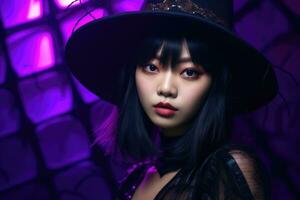 A close - up photograph featuring a young Asian woman in her 20s, immersed in the Halloween spirit. Generative AI photo