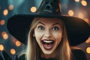 A close - up photograph of a charming young woman in her 20s, dressed in a trendy black Halloween witch outfit. Generative AI photo