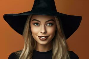 A close - up photograph of a charming young woman in her 20s, dressed in a trendy black Halloween witch outfit. Generative AI photo