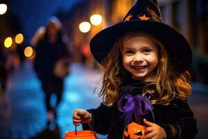 A close - up photograph of a little girl, adorned in a charming witch costume, strolling along the street with a delightful pumpkin - shaped candy. Generative AI photo