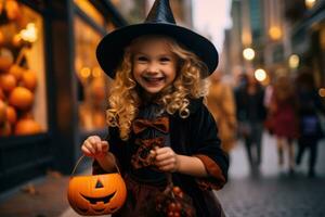 A close - up photograph of a little girl, adorned in a charming witch costume, strolling along the street with a delightful pumpkin - shaped candy. Generative AI photo