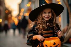 A close - up photograph of a little girl, adorned in a charming witch costume, strolling along the street with a delightful pumpkin - shaped candy. Generative AI photo