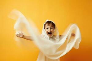 A close - up photograph featuring a delightful child dressed as a ghost, exuding pure joy and happiness on Halloween. Generative AI photo