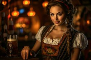 A close - up photo of a joyful young woman wearing a traditional Oktoberfest dirndl. Generative AI