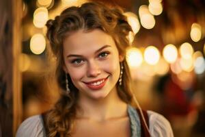 A close - up photo of a joyful young woman wearing a traditional Oktoberfest dirndl. Generative AI