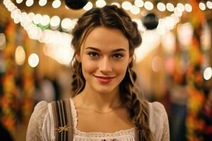 A close - up photo of a joyful young woman wearing a traditional Oktoberfest dirndl. Generative AI