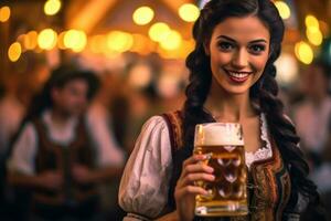 A close - up photo of a joyful young woman wearing a traditional Oktoberfest dirndl. Generative AI