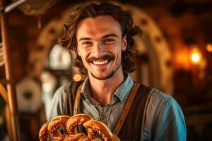 A close - up photo of a young man wearing traditional lederhosen and holding a beer stein. Generative AI