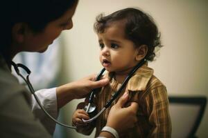 A close - up view of a female doctor carefully examining a baby in a clinic. Generative AI photo