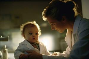 un cerca - arriba ver de un hembra médico cuidadosamente examinando un bebé en un clínica. generativo ai foto