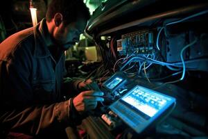 An automobile mechanic as they perform a diagnostic check on a car's engine in a repair service setting. Generative AI photo