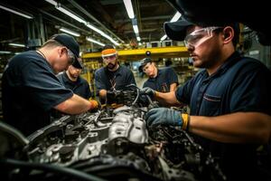 An automobile mechanic as they perform a diagnostic check on a car's engine in a repair service setting. Generative AI photo