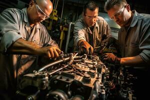 un automóvil mecánico como ellos realizar un diagnóstico cheque en un carros motor en un reparar Servicio ajuste. generativo ai foto