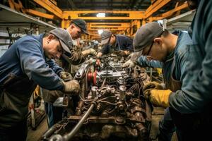 An automobile mechanic as they perform a diagnostic check on a car's engine in a repair service setting. Generative AI photo