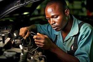 An automobile mechanic as they perform a diagnostic check on a car's engine in a repair service setting. Generative AI photo