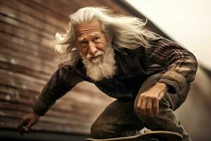 cerca - arriba disparo. el dinámica movimiento de un mayor hombre patinar a un impresionante velocidad. generativo ai foto